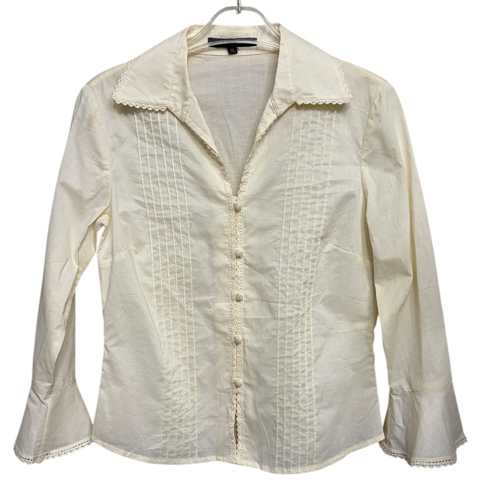 NWOT Antonio Melani Womens XS Cream Cotton Lace Trim‎ Pintuck Bell Sleeve Blouse
